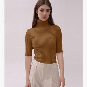 v28 Women Turtleneck 1/2 Half Sleeve Highly Stretchy Ribbed Knit Fitted Sweater